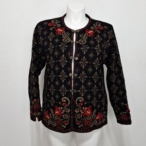 Icelandic Design Vintage 3D Embroidered Black Red 100% Wool Grandma Jacket Sz. L